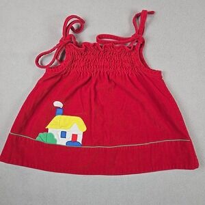 Vintage Red Corduroy Smocked Top House Applique‎ 3T Toddler Girl 100% Cotton